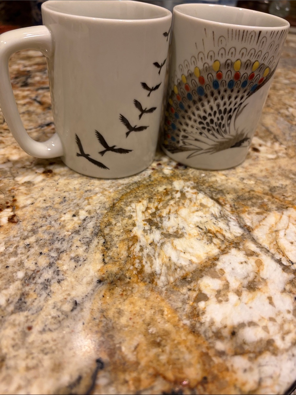 White Ceramic Bird & Peacock Pattern Coffee Mugs - Set of 6. Pictured front/back